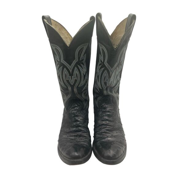 Tony Lama Boots Men\'s Size 7 D Black Ostrich Leather Cowboy Western USA *Worn